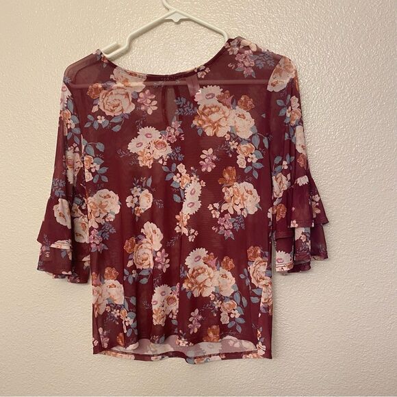 No Boundaries burgundy red Floral Mesh bell Ruffle Sleeve Blouse sheer whimsy M - Picture 2 of 8